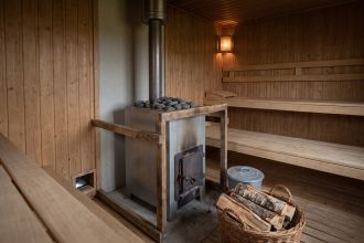 Sauna interior with a metal stove with stones on top, a flue pipe through the ceiling, a guard, a basket of split logs and tiered benches