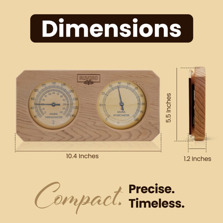 RUVARO sauna thermometer and hygrometer shown with dimensions