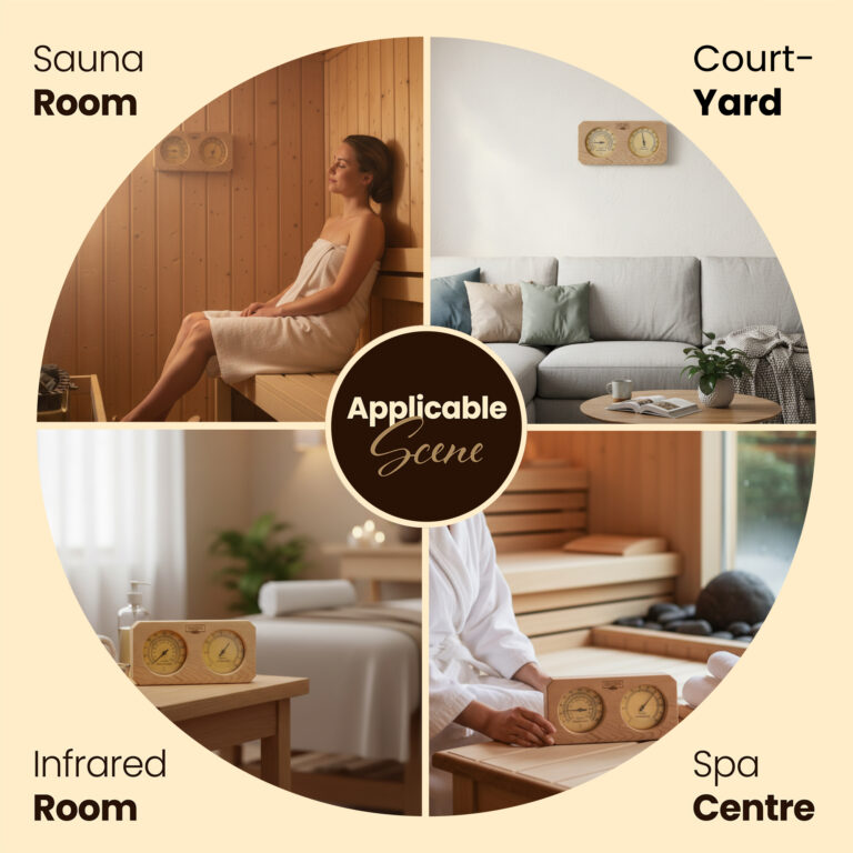 Sauna thermometer and hygrometer shown in indoor and outdoor settings