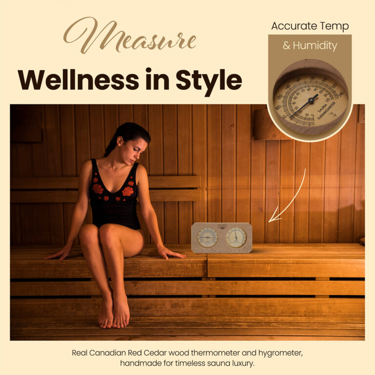 Sauna thermometer and hygrometer mounted above a wooden bench