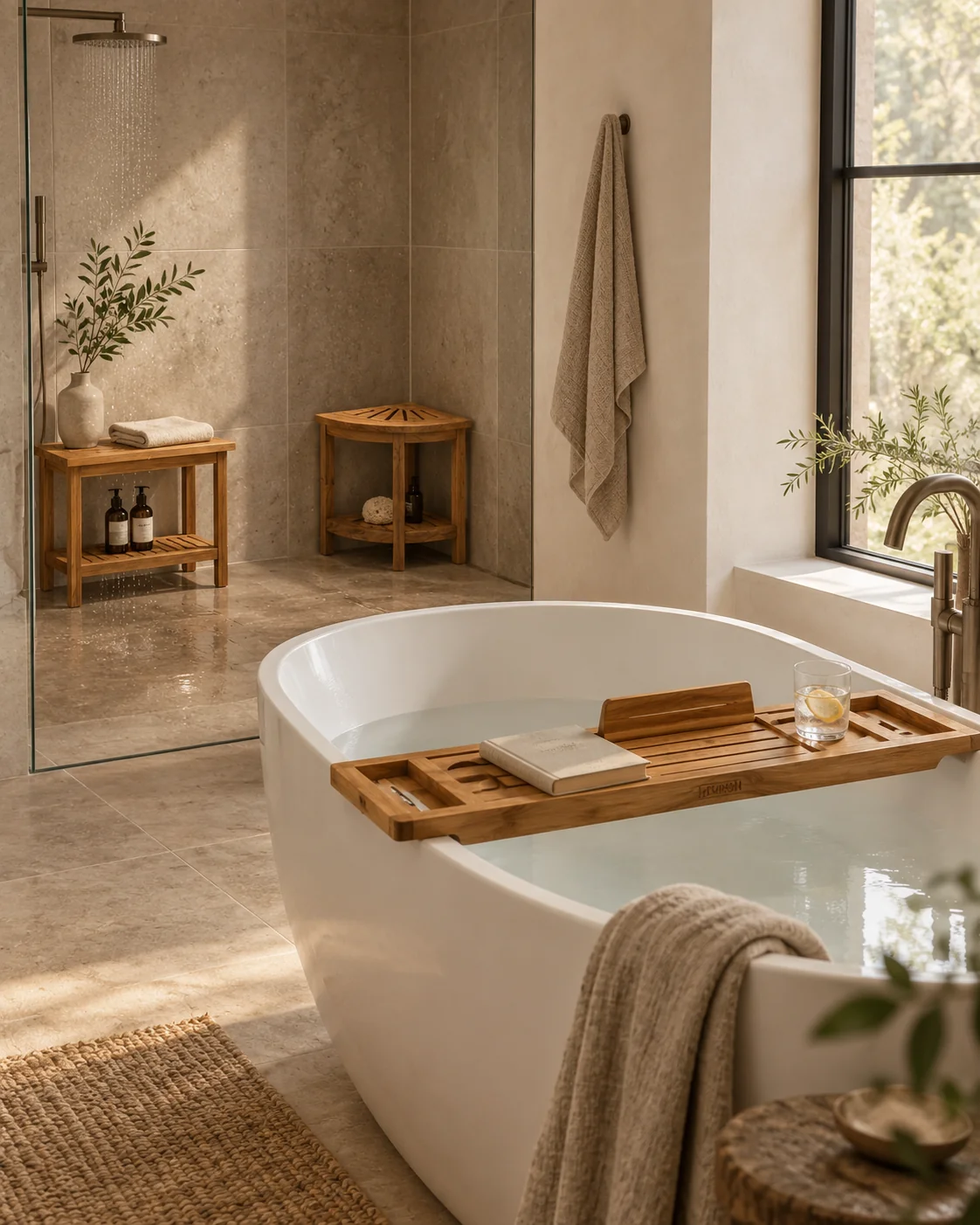 Ruvaro bathroom scene with teak shower benches and a bathtub tray