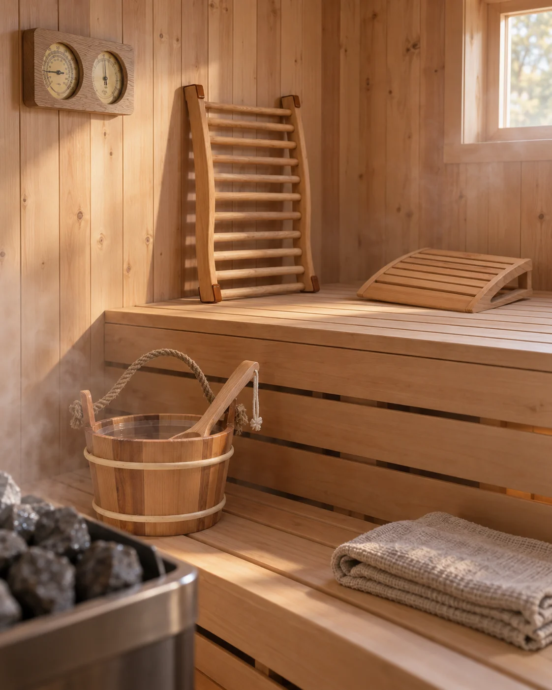 Ruvaro sauna scene with a bucket, backrest, headrest and thermometer