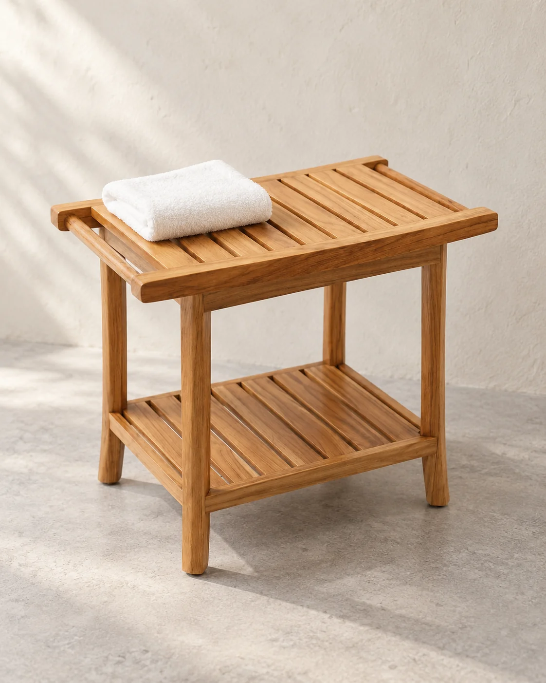 Ruvaro teak shower bench with slatted seat and lower shelf